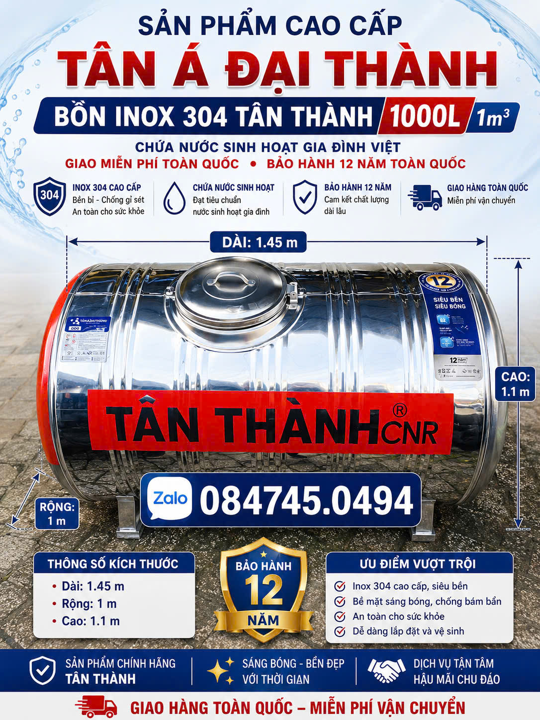 Bồn inox 304 1000 lít nằm Tân Thành Tân Á Đại Thành Bình inox 1000L 304 Tân Thành Tadt Téc inox Tân Thành 1 khối nằm 304 Của Tân Á Đại Thành giao miễn phí Toàn Quốc